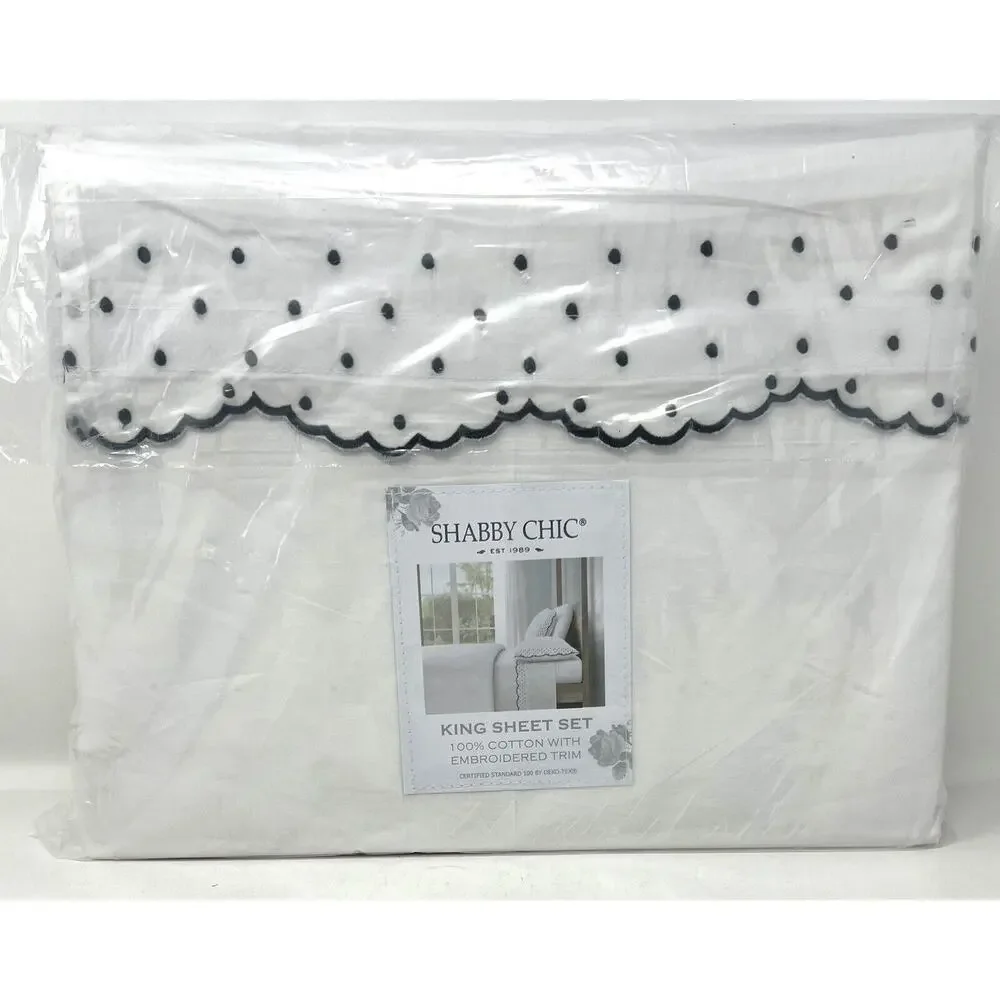 Shabby Chic Embroidered King Sheet Set Scallop Dot Navy Blue White 100% Cotton